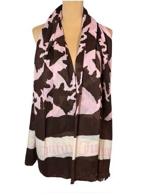 Rare Vintage Y2K Juicy Couture Large Pashmina Scarf Pink Brown Puppy Fringe